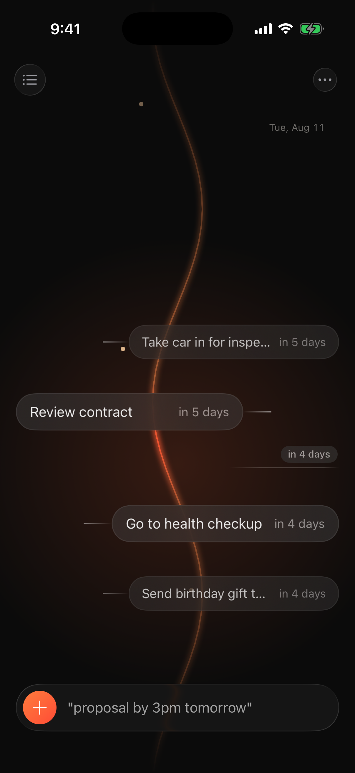 The timeline scrolled four days ahead, with nearby tasks expanded in the focus lens and calendar markers visible.