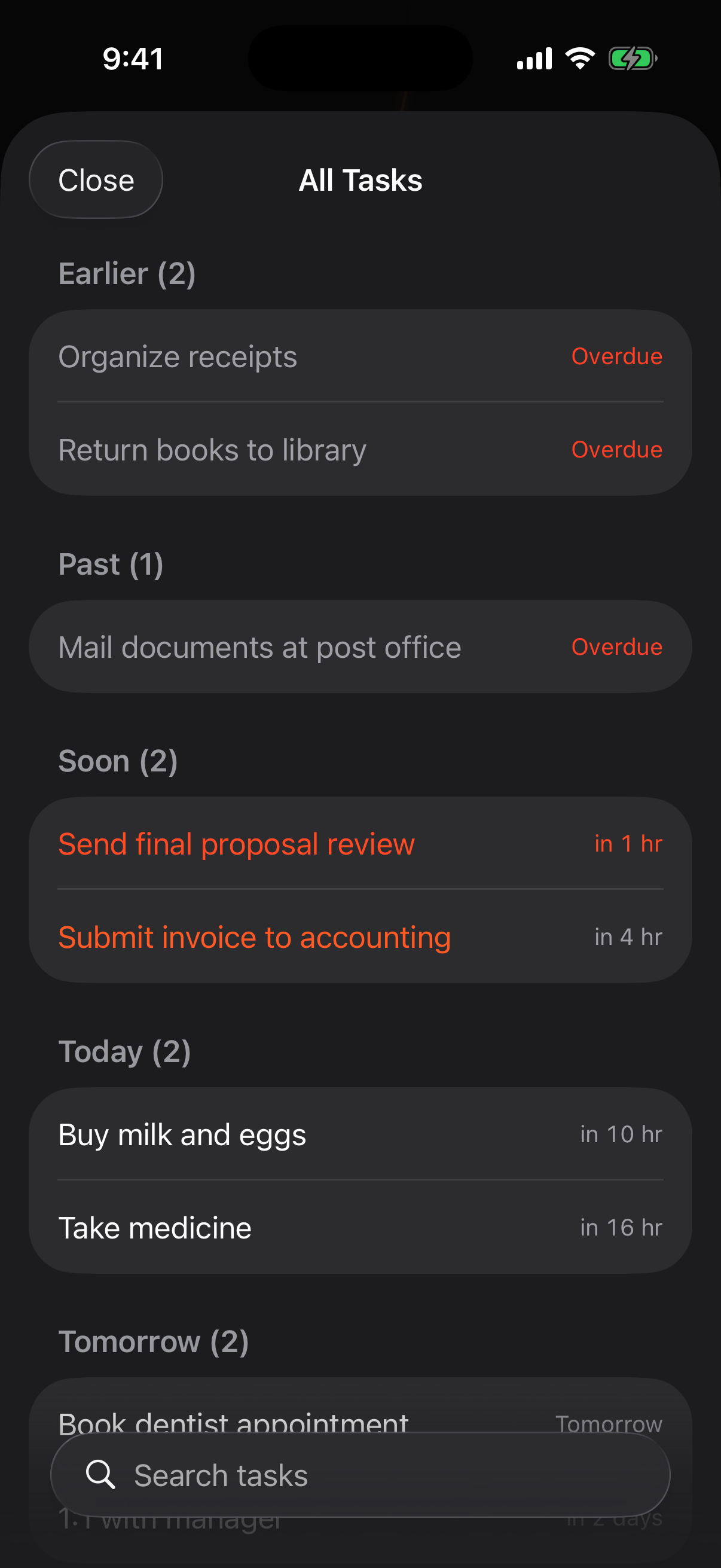 Universal search listing tasks from the timeline, completed, and trash.